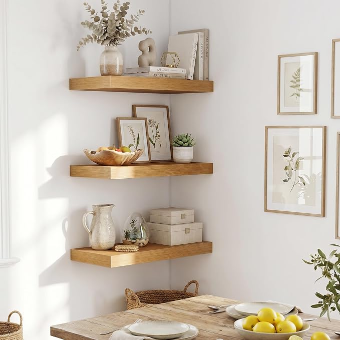 Fun Memories Wood Floating Shelves 20 Inch, 10 Inch Deep Shelves Wall Mount, Wall Shelves with Invisible Bracket, 20" Floating Shelves for Living Room Bathroom Bedroom, Oak, Set of 2