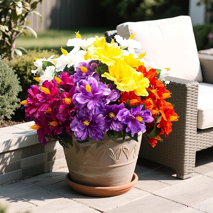 Grunyia Artificial Hibiscus Flowers 5 Bundles, UV Resistant Fake Tropical Flowers Realistic Silk Blooms for Outdoor Planter Garden Patio Porch Window Box Home Decor (Mix(5 Color))