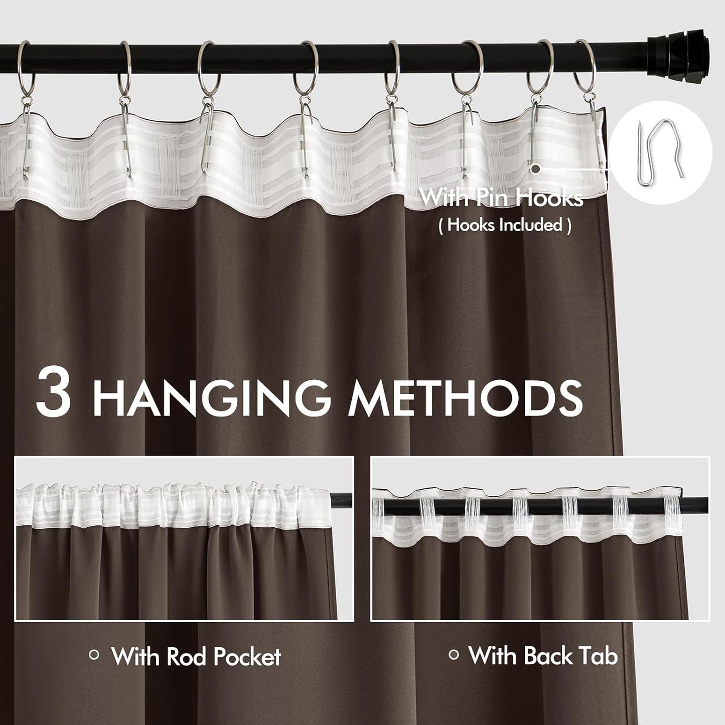 MIULEE Chocolate Brown Back Tab Blackout Curtains 63 Inch Length 2 Panels Set for Living Room Bedroom Privacy, Rod Pocket/Pinch Pleat Thermal Insulated Room Darkening Pleated Light Blocking Drapes