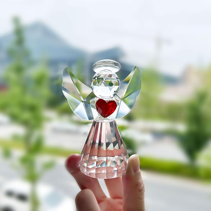 Glass Angel Figurines Crystal Angels Statue 3in Art Glass Guardian Angel Heart Paperweight Ornaments Valentines Gifts for Women