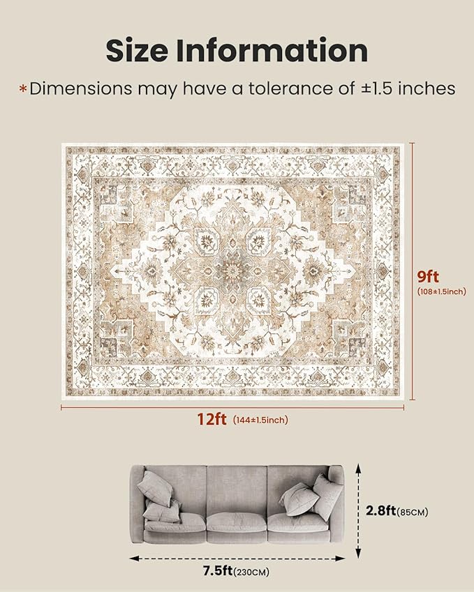 AMADA HOMEFURNISHING 9x12 Area Rugs, Low-Profile Large Washable Area Rug with Non-Slip Backing & Durable Edge Binding, Vintage Rugs for Living Room, Bedroom & Dinning Room