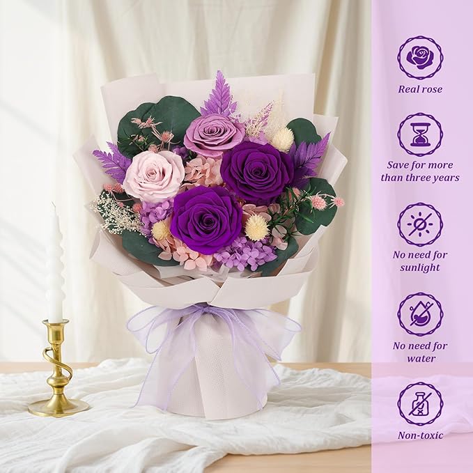 Preserved Flowers Bouquet 4 Roses with Vase,Flowers for Delivery Prime That Last 3-5 Years Real Forever Flowers Rose Bouquet for Mom Mother Women Wife Friends Birthday Mother's Day