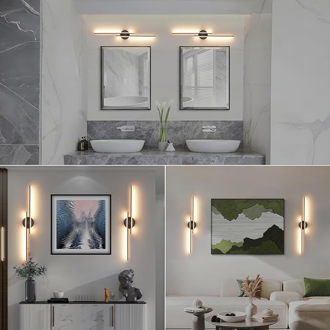 Rechargeable Battery Operated Wall Sconce Set of Two, Black Wireless LED Wall Sconces with Remote Control, Dimmable 3 Colors Cordless Wall Lights for Living Room, Bedroom, Hallway, 31.4 Inch(2pcs)
