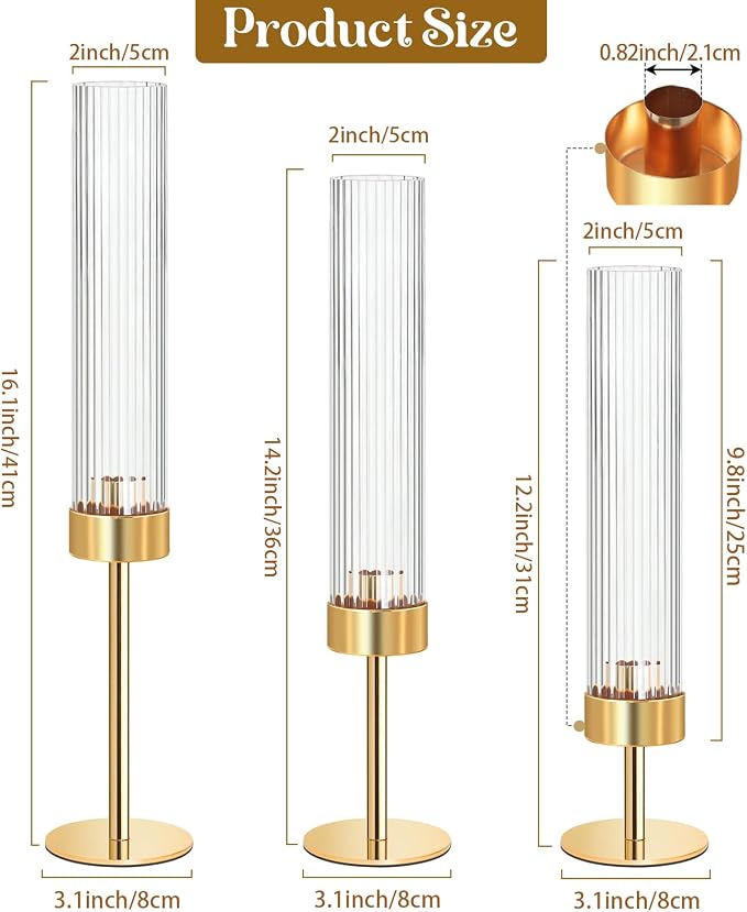 Metal & Acrylic Taper Candle Holders with Ribbed Design - Hurricane Clear Cylinder Candelabra for Wedding, Christmas, Party, Dining Table Centerpiece Decor (Gold, Set of 6)