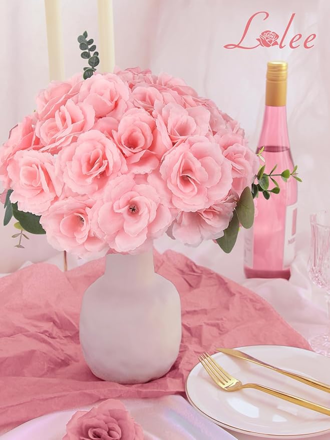 LELEE 108pcs Roses Head Flowers with Stem - Pink Artificial Flowers Rose Bulk - Silk Rose Fake Flower for Wedding Bouquet Valentine's Party Decor DIY Bridal Shower Centerpieces