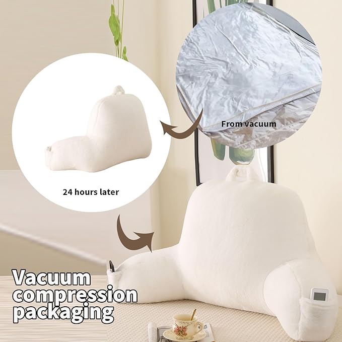 Soft Reading Pillow for Bed with Arms,Middle,White,Faux Fur | 17" Backrest for Gaming & Lounging,Oeko-TEX Certified Plush Back Pillow for Teens Room