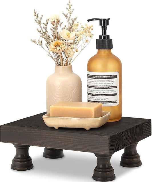 EOSAHR Retro Pine Wood Riser Display Stand for Home Decor - Farmhouse Pedestal Stand Can be used as Sponge Holder & Plant Stand - Countertop Organizer for kitchen & Bathroom(Distressed Black)