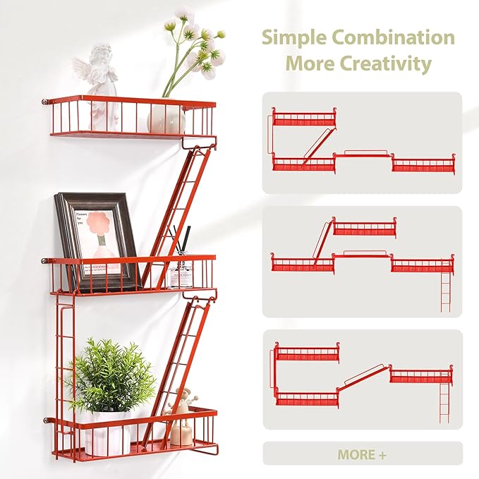SweetSage Fire Escape Wall Shelf Red - New York Wall Art Decorative Figure Display Floating Shelves Metal Racks for Living Room, Home Office Storage (3-Tier)