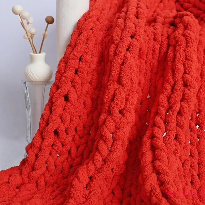 Handmade Chunky Knit Blanket, Cosy Chenille Throw (Red, Throw (50" x 60"))