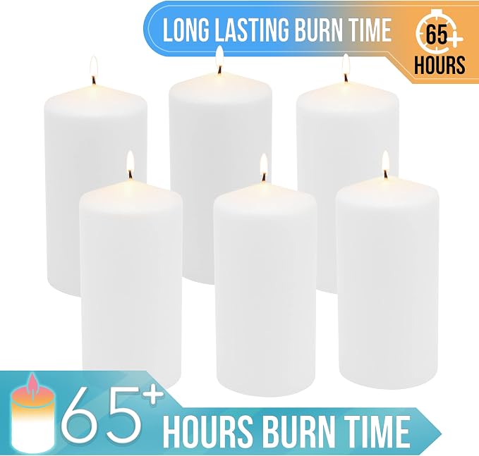 Stonebriar 6 Tall 3 x 6 Inch 65 Hour Long Burning Unscented White Wax Pillar Candles (Pack of 4, 24 Count Total)