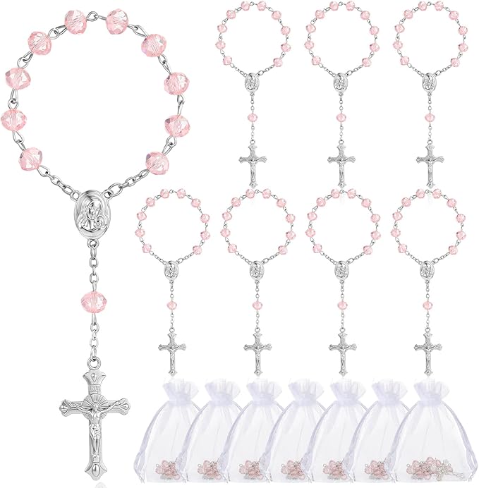 Sureio 50 Sets Baptism Favors Rosary Set Including Mini Rosary Beads Baptism Favors Organza Bags for Baby Shower Wedding Supplies Gifts for Christening Weddings First Communion Easter Gift (Pink)
