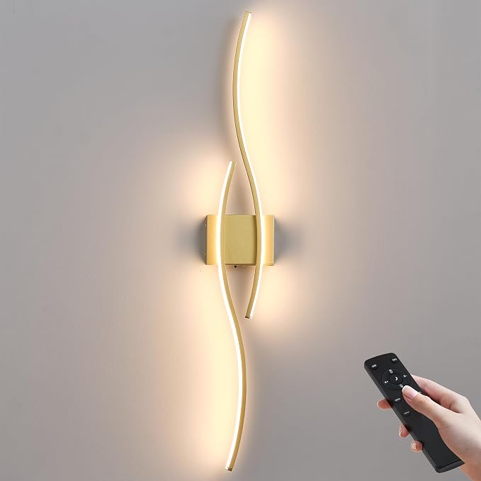 KARTOOSH Battery Operated Wall Sconces with Remote Control, Dimmable/3 Colors/Night-Light/Timer/Memory, Gold Modern Wireless LED Sconce for Living Room, Hallway, Bedroom, 39.3 Inch (1 Pack)