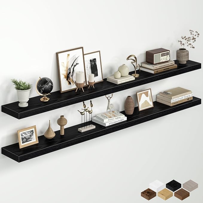 Fun Memories 67 Inch Floating Shelves for Wall, 8 Inch Deep Wall Mounted Wood Shelves with Invisible Brackets for Bathroom, Bedroom & Kitchen Storage Decor, Black, 2 Pack