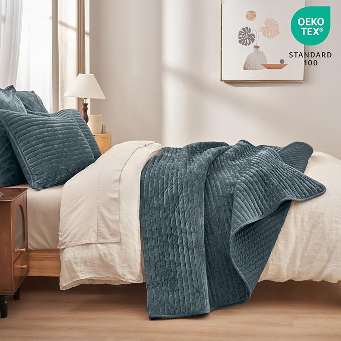 PHF Luxury Velvet Quilt Set Twin Size – 2PCS Ultra Soft Quilted Comforter Alternative with Striped Channel, Cozy Quilted Bedspread, 1 Coverlet with 1 Matching Sham, 68" x 92", Stormy Blue
