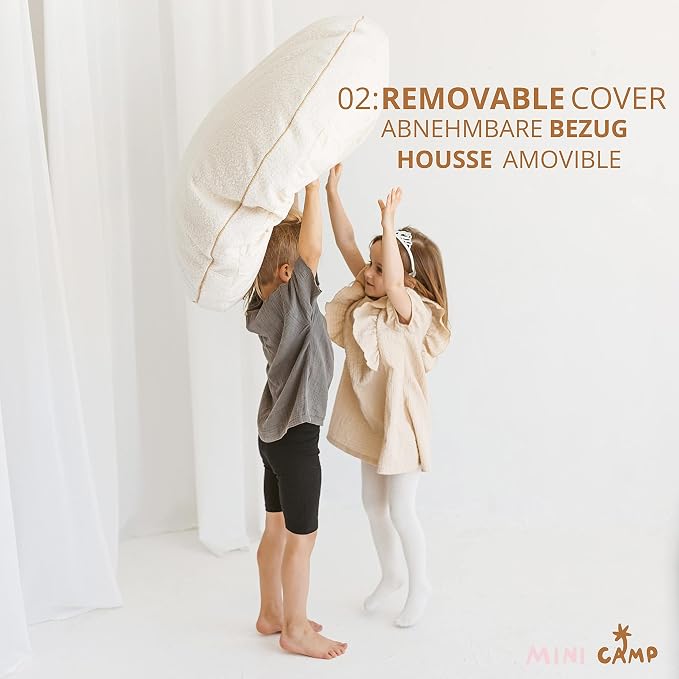 MINICAMP Large Kids Floor Cushion – Ultra Fluffy Washable Bean Bag Chair & Reading Pillow with Boucle Sherpa Cover – Soft Kids Lounger Floor Seat for Playroom, Bedroom or Nursery - Made in EU (Ecru)