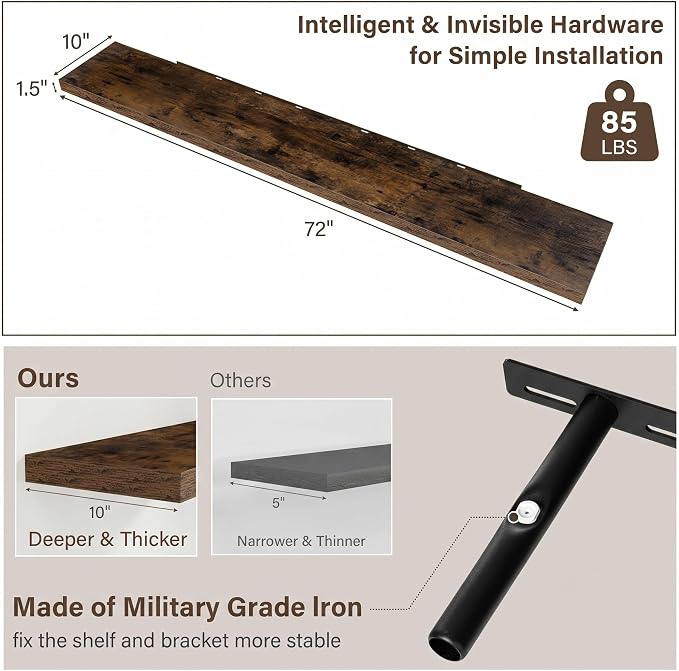 Acovy 10" Extra Deep Floating Shelves for Wall, 72" Long Wood Wall Shelves Set of 2 for Bathroom Bedroom Kitchen Living Room Laundry Room, Modern Floating Shelf for Home Decor