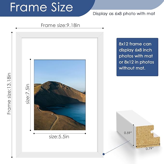 PEALSN 8x12 Picture Frame Set of 6, Display Pictures 6 x 8 with Mat or 8 x 12 without Mat for Wall Mounting or Table Top Display, Photo Frames Collage for Wall Decor, White