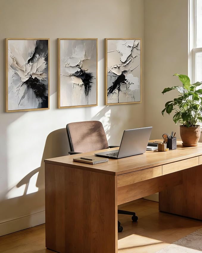 PHOPAGO Black Abstract Framed Wall Art Large 16x24in Minimalist Neutral Color Block Pastel Wall Decor Modern Brush Stroke Illustration Paints Home Decor - Natural Framed