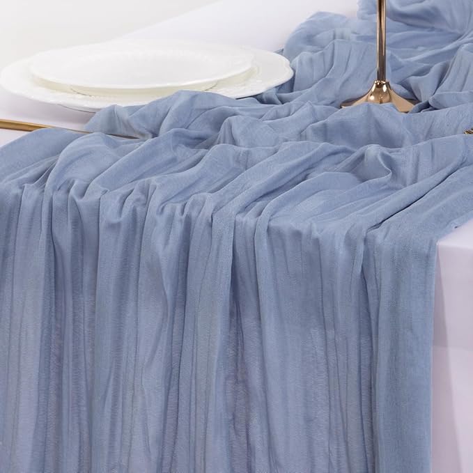 Socomi Dusty Blue Easter Spring Cheesecloth Table Runner Boho Rustic Gauze 120 inch 10FT Cheese Cloth Runner for Wedding Party Baby Shower Birthday Home Decor Holiday Decorations