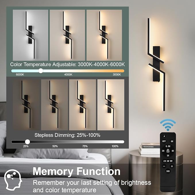 Rechargeable Wireless Wall Sconces, Modern Wall Sconces Set of 2, Battery Operated LED Wall Lights with Remote, 3000K-6500K Dimmable Black Wall Sconce, No Hardwiring for Bedroom Living Room Hallway
