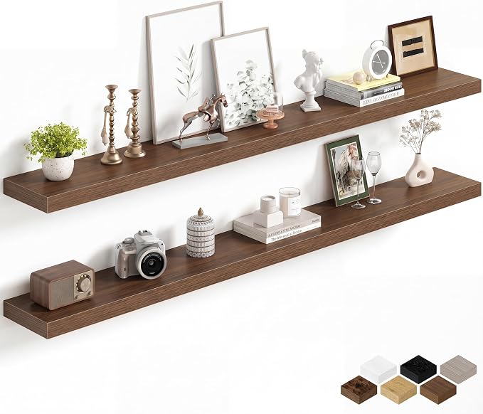 Fun Memories 67Inch Long Floating Shelves, 8 Inch Deep Shelves for Bedroom|Living Room, Wall Mounted Wood Hanging Shelf with Invisible Brackets for Fireplace Mantel Home Storage Decor, Walnut - 2 Pack