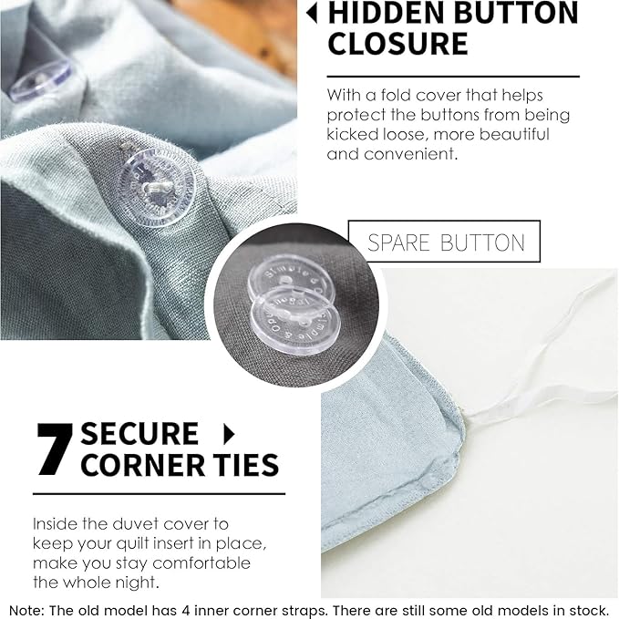 Simple&Opulence 100% Linen Duvet Cover Set 3pcs Basic Style Natural French Washed Flax Solid Color Soft Breathable Farmhouse Bedding with Button Closure - Dusty Blue, Queen