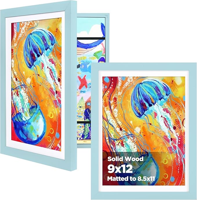 KINLINK 9x12 Kids Art Frame Set of 2, Solid Wood Kids Artwork Frames Changeable with Front Opening Hold 150 Pictures, Art Frames for Kids Art with Mat，without Mat 9x12 Picture Frame Blue