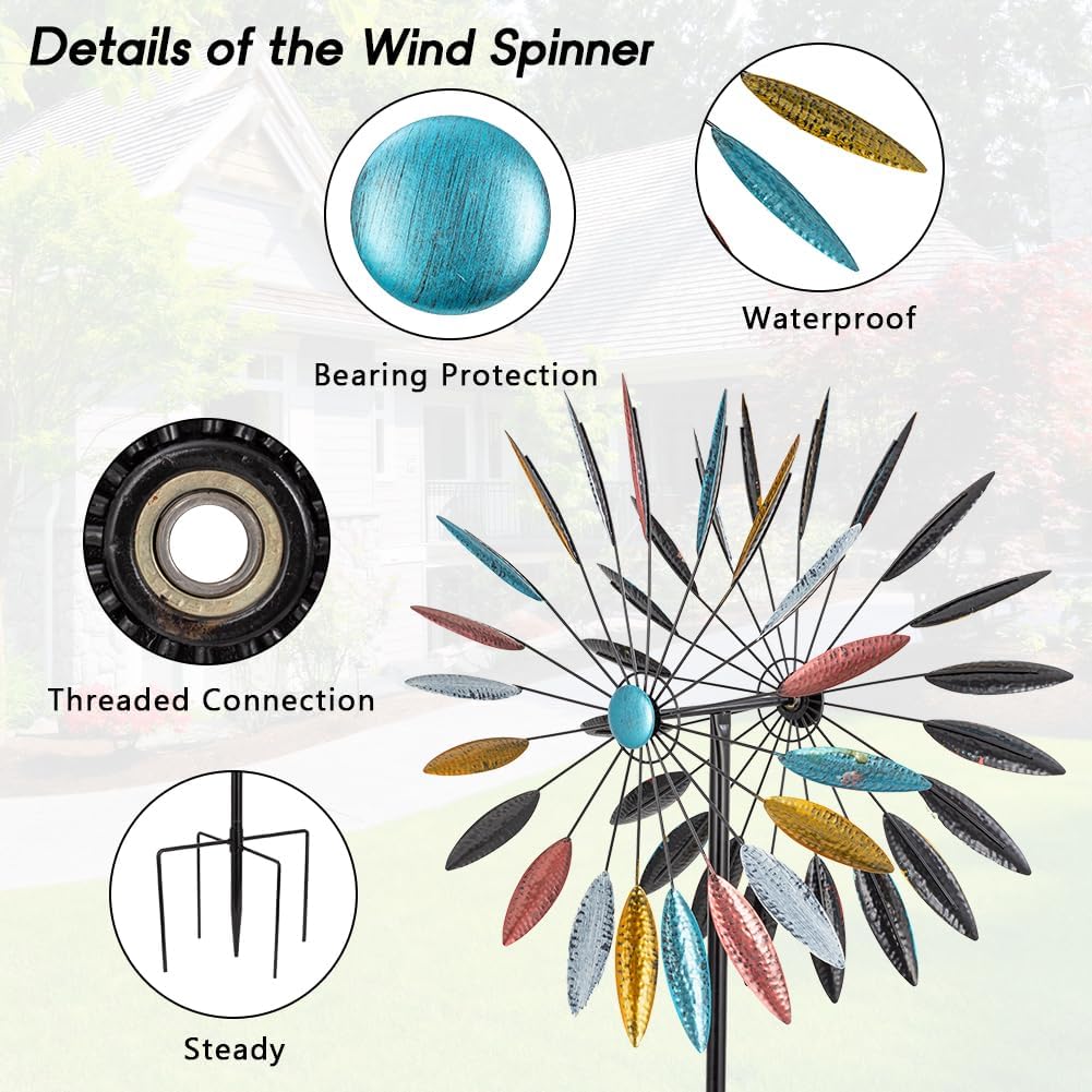 DREAMYSOUL Wind Spinner Outdoor, 23" Dia Dual Colorful Blades Metal Windmills, Kinetic Wind Spinners & Sculpture for Yard and Garden