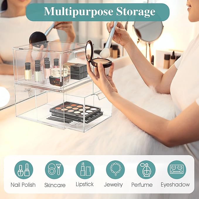 SpaceHacks 3 Pack Stackable Makeup Organizer and Storage, Acrylic Organizers，Clear Plastic Storage Drawer with Handles for Vanity, Undersink, Kitchen Cabinets, Pantry