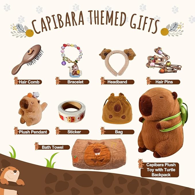 Capybara Gifts Box,Cute Capybara Plush Toys with Stuffed Animal/Keychain/Bag/Bath Towel/Hair Pins/Bracelet/Headband, Christmas Birthday Gift Set for Girls 4 5 6 7 8 9 10+ Years Old