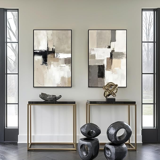Set of 2 Modern Neutral Abstract Wall Art – Framed Beige, Gray, and Black Canvas Paintings for Living Room, Bedroom, or Office Décor – 24x36 Inches Each