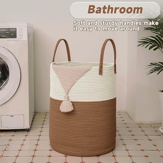 JMvicyroam Large Woven Laundry Basket Hamper,100L Cotton Rope Storage Bin for Blankets,Toys and Clothes,Decorative Tall Nursery Hamper for Living Room,Baby Nursery,Bathroom and Bedroom,White and Brown