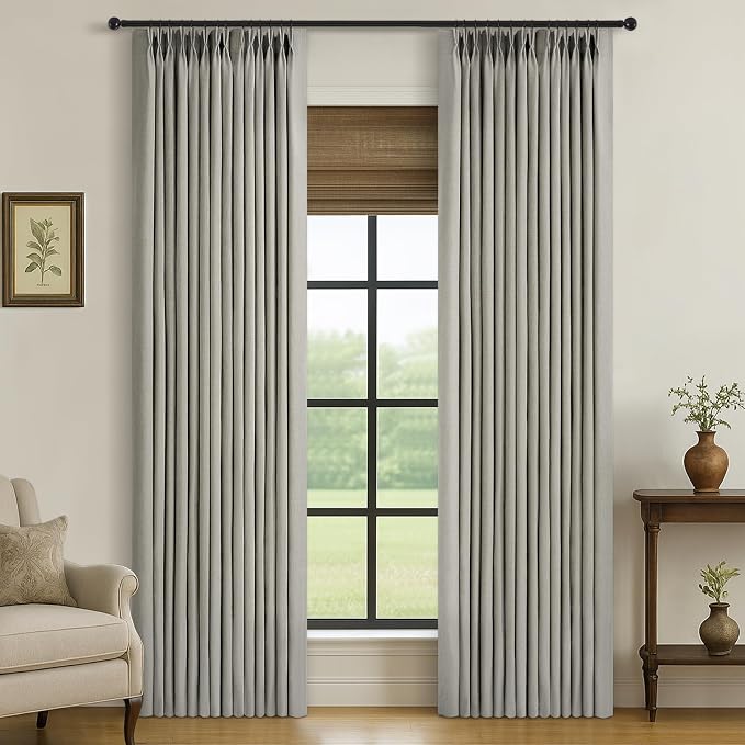 Rustic Grey 84 Inch Pinch Pleated Linen Curtains for Living Room 2 Panels Thick Linen Textured Light Filtering Pleat Drapes Semi Sheer Curtain for Dining Bedroom Dark Charcoal Grey 7 FT