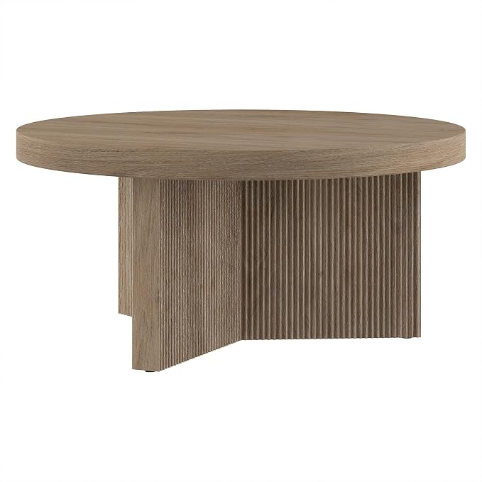Henn&Hart 32" Fluted Round Low-Profile Coffee Table with Ribbed Pedestal Base for Living Room, Family Room, Office, or Apartment, Weathered Gray