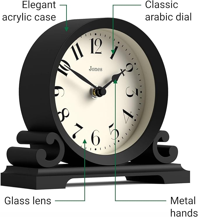 JONES CLOCKS® Saloon Mantel Clock | Small Traditional Double Scroll Design | Black | Contemporary Classic Style for Desk, Table, Shelf or Bedside