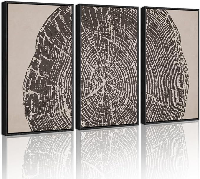 PHOPAGO Farmhouse Vintage Framed Wall Art Large 16x24in Set Gray Wood Tree Ring Spirals Nature Abstract Drawings Rustic Modern Art Decor for Living Room Bedroom - Black Framed