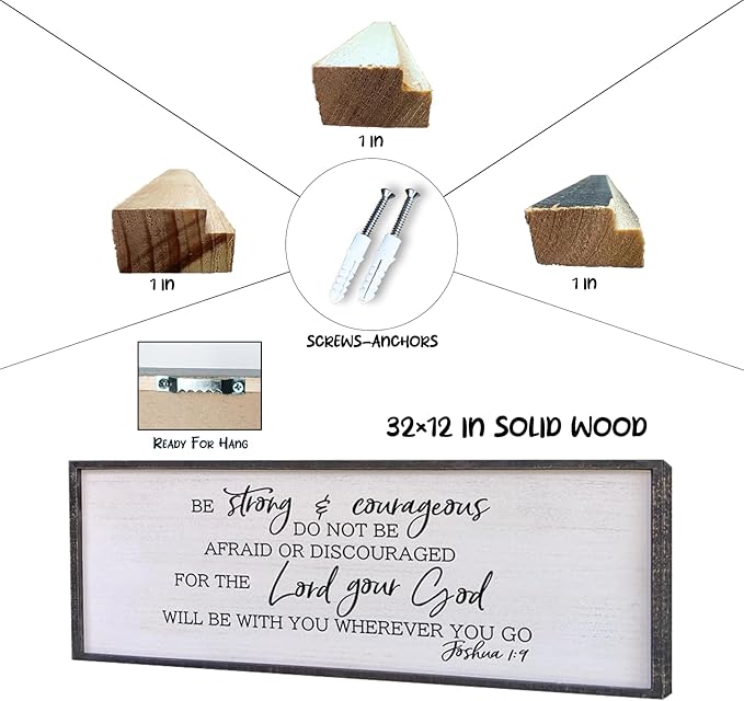 Be Strong And Courageous Sign Wall Decor 32"x12" Large Farmhouse Living Room Plaque Joshua 1:9 Bible Verse Inspirational Quote Positive Faith Home Hanging Rustic Catholic Scripture Christian Art (Black)