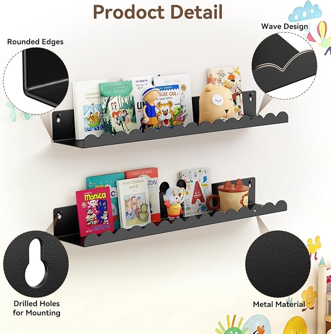 Floating Shelves for Wall, 23 Inch Metal Nursery Book Shelves 4 Pack, Wall Mounted Book Shelf for Kids Room, Bedroom, Bathroom, Playroom Decor (Black)