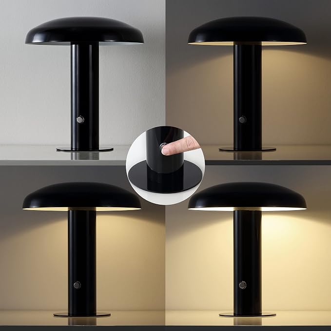 JONATHAN Y 11" Black Rechargeable LED Mushroom Table Lamp, Cordless Portable Dimmable Mid-Century Modern Accent Lamp, with Metal Shade, Touch Sensor JYL7114A