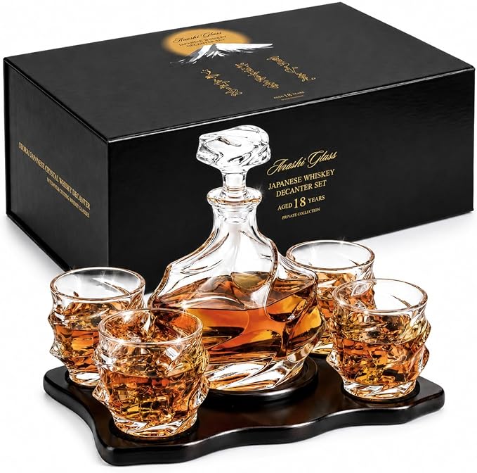 Storm Japanese Crystal Whisky Decanter Set with 4 Tumbler Glasses, Lead-Free Liquor Carafe & 10oz Rocks Glasses - Scotch, Bourbon, Spirits & Wood Base Elegant Barware Gift for Men, Japan Design Gifts