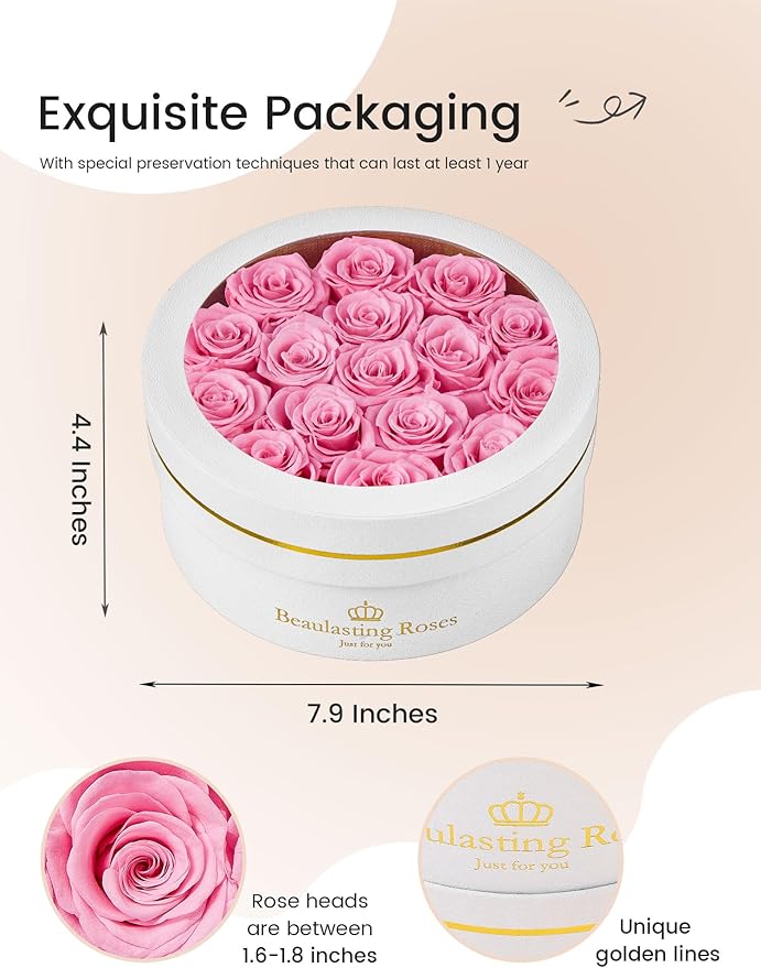 16 Preserved Roses Forever Flowers Real Roses in a Box Mother's Day Birthday Flowers for Her Mom Women Wife Valentine's Day, Pink Roses