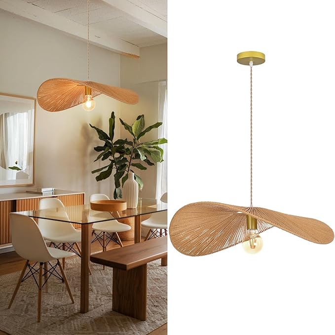 Arturesthome 23.6" Modern Paper Chandelier Rattan Pendant Lighting Large Wicker Light Fixtures Adjustable Height Hanging Lighting Fixture for Kitchen Bar Hallway