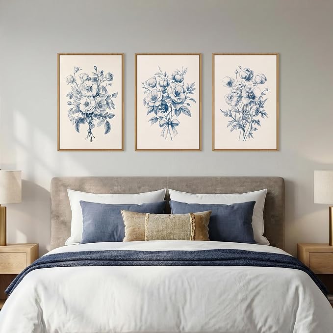 KAIRNE Navy Blue Floral Framed Canvas Wall Art Set,Vintage Botanical Flower Wall Decor,Modern Minimalist Bouquet Art Prints,Neutral Rose Artwork for Living Room,Bedroom,Farmhouse,Office-24 x36 x3