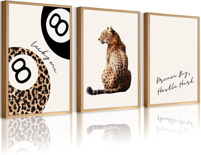 Leopard Wall Art Cheetah Canvas Prints Lucky 8 Ball Wall Decor Aesthetic Poster Fashion Leopard Pictures Trendy Lucky Me Painting Preppy Artwork for Living Room Bedroom 16x24 Inch Unframed Set of 3
