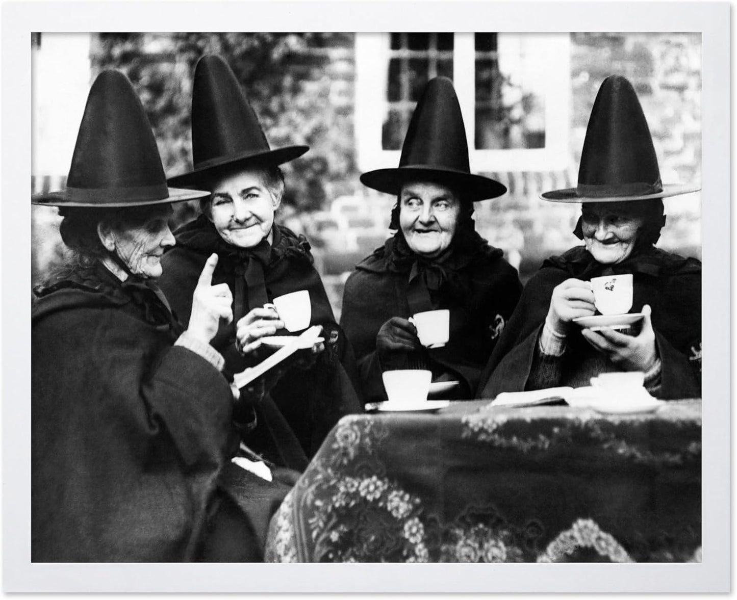 Poster Master Classic Photograph Poster - Vintage Halloween Print - Gift for Artist, Friend - Witches Tea Party, Old Women Smiling, Wearing Robes - Wall Decor for Living Room, 11x14 White Framed