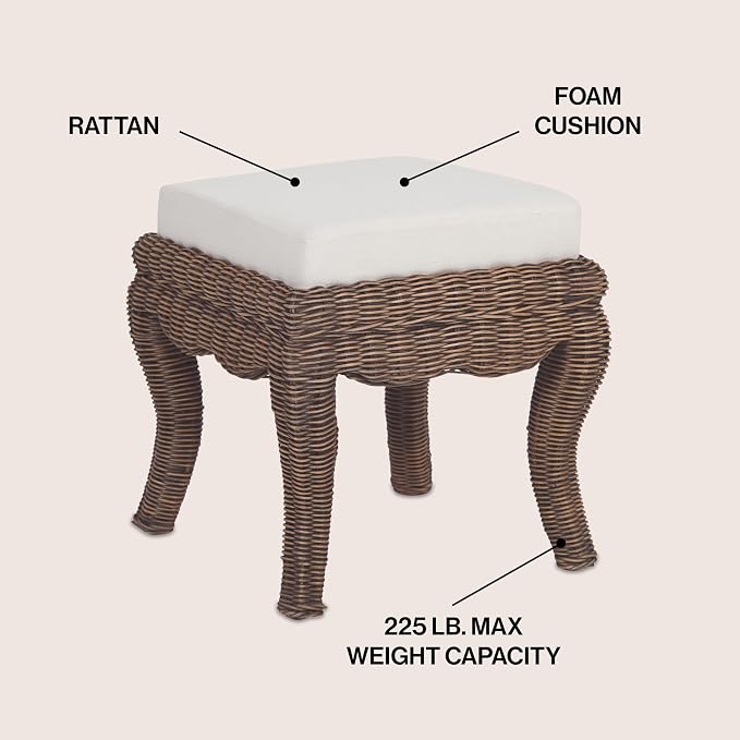 JONATHAN Y Rowan Woven Rattan Vanity Stool with White Cushion, 18.5" Coastal Backless Makeup Chair for Bedroom & Bathroom, Black Wash Mango Wood Wicker Ottoman Footrest VSL1000B