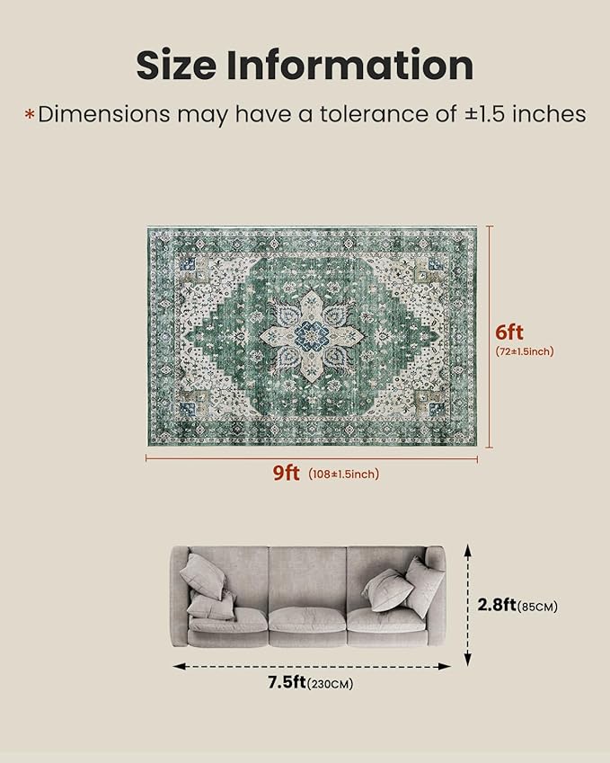 AMADA HOMEFURNISHING 6x9 Area Rug, Washable Low-Profile Large Area Rug with Non-Slip Backing & Durable Edge Binding, Vintage Large Rugs for Living Room, Bedroom