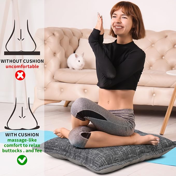 SINSOSSO Large Floor Pillows 22", Thickened Bite-Size Memory Foam Square Non-Slip Cushions for Office Back Support/Yoga/Chair Seat, Fashionable Color-Blocked Fabric & Washable, Light Gray, 2 PCS