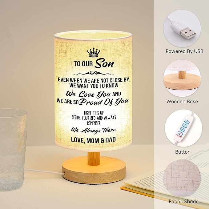 WSYEAR Gifts for Son from Mom Dad- Fabric Wooden Desk Lamp for Reading Bedroom Living Room for Son Adult Graduation Season Gifts, Birthday Gifts, Back to School Gifts