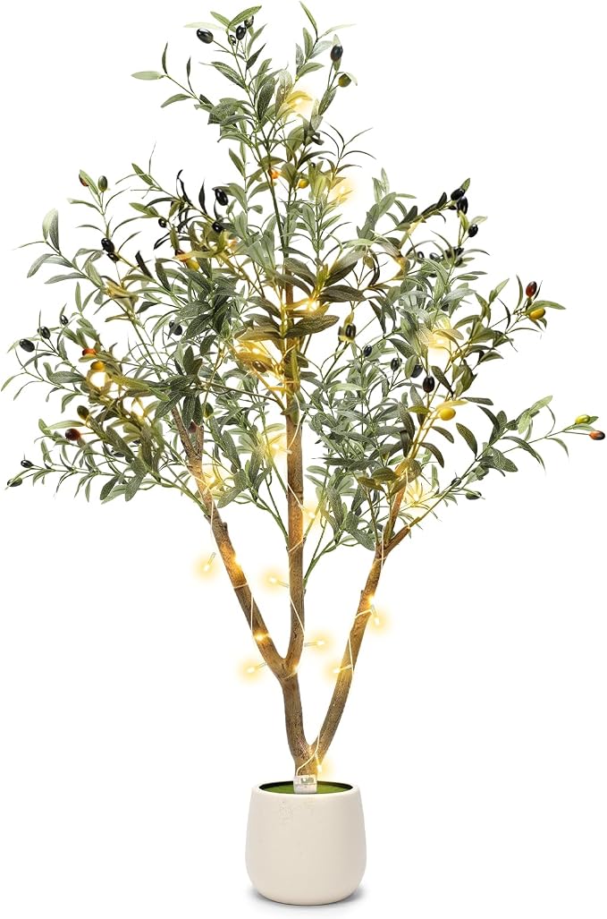 TNELTUEB Olive Trees Artificial Indoor: 5FT Fake Tree with Lights & Planter, Realistic Faux Olive Tree with Lifelike Fruits for Living Room Decor, Fake Silk Plants for Modern Home Office